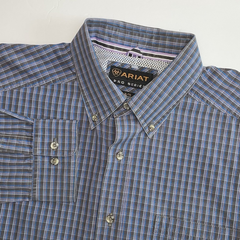 Ariat Pro Series Shirt Mens‎ XL Blue Brown Plaid Long Sleeve Western Vented READ